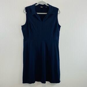 Tahari Linen Blend Dress Fit & Flare Silhouette Navy Blue 14 Sleeveless Collared